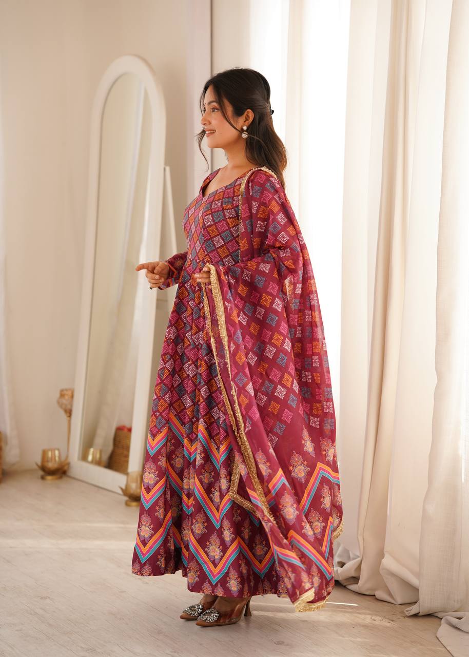 Anvisha Printed Maslin Flared Anarkali with Pant & Tabby Organza Dupatta Set