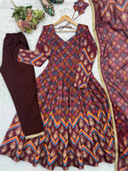 Anvisha Printed Maslin Flared Anarkali with Pant & Tabby Organza Dupatta Set