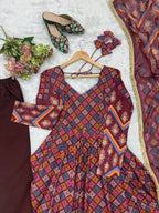 Anvisha Printed Maslin Flared Anarkali with Pant & Tabby Organza Dupatta Set
