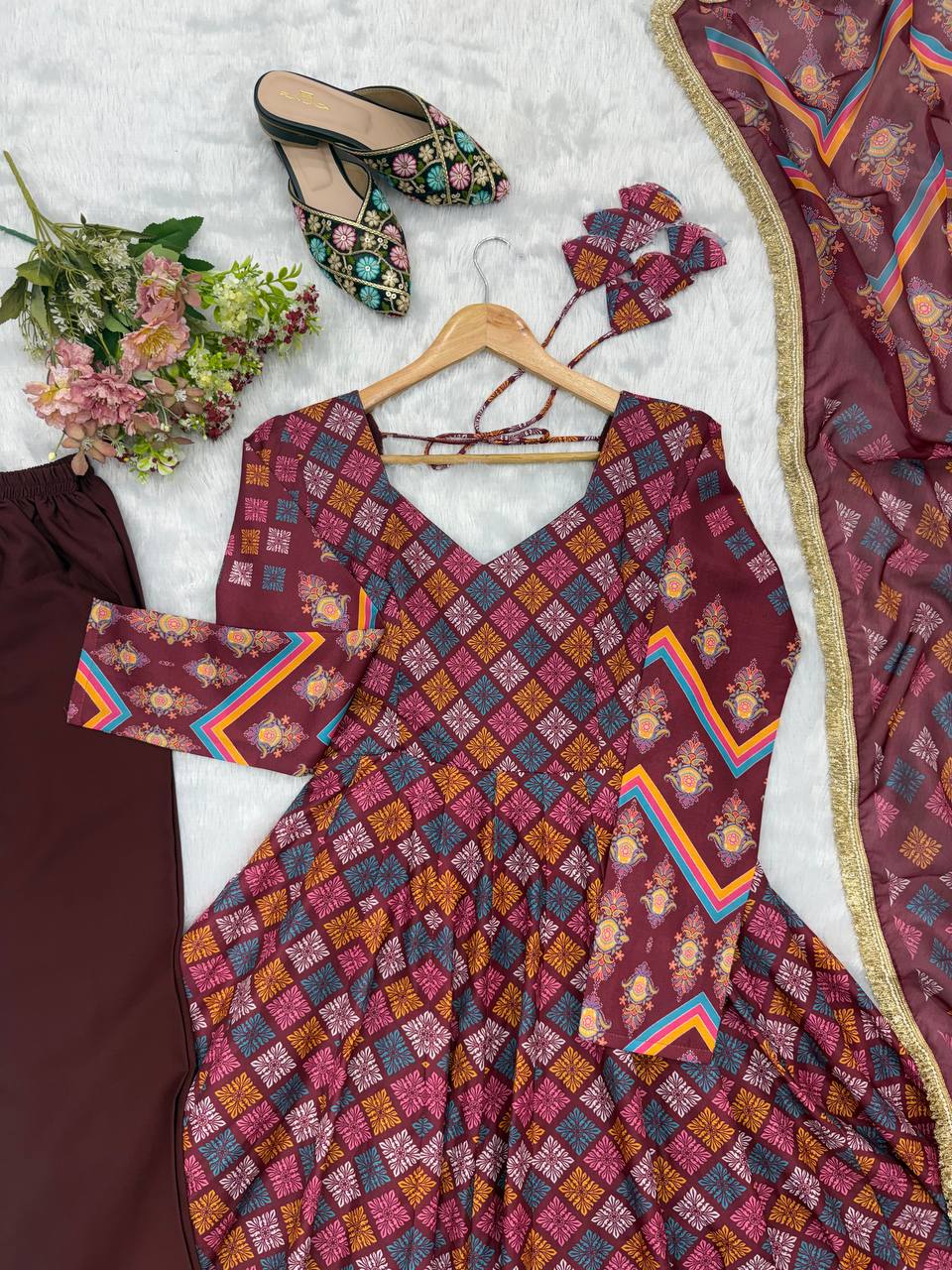 Anvisha Printed Maslin Flared Anarkali with Pant & Tabby Organza Dupatta Set