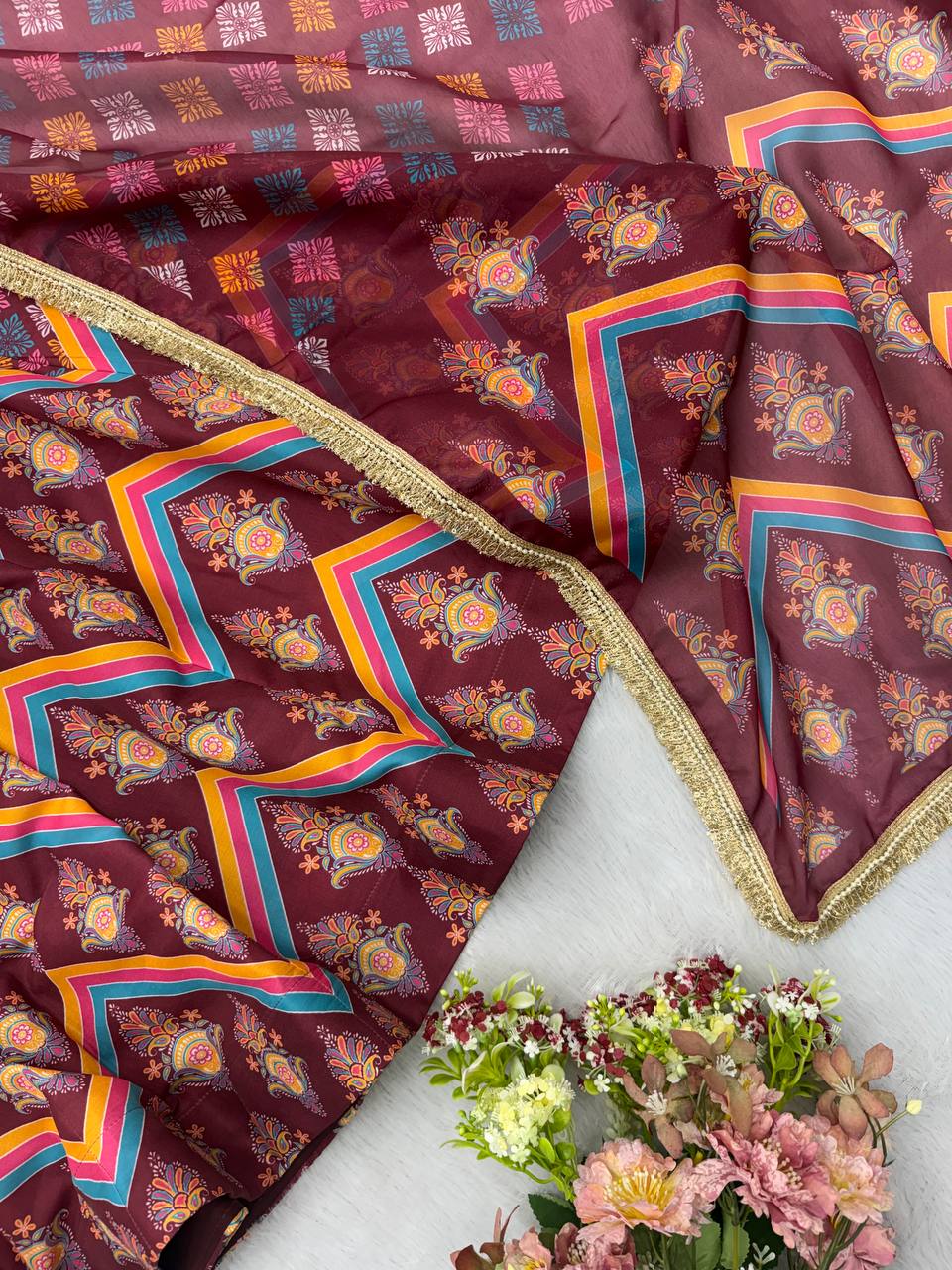 Anvisha Printed Maslin Flared Anarkali with Pant & Tabby Organza Dupatta Set