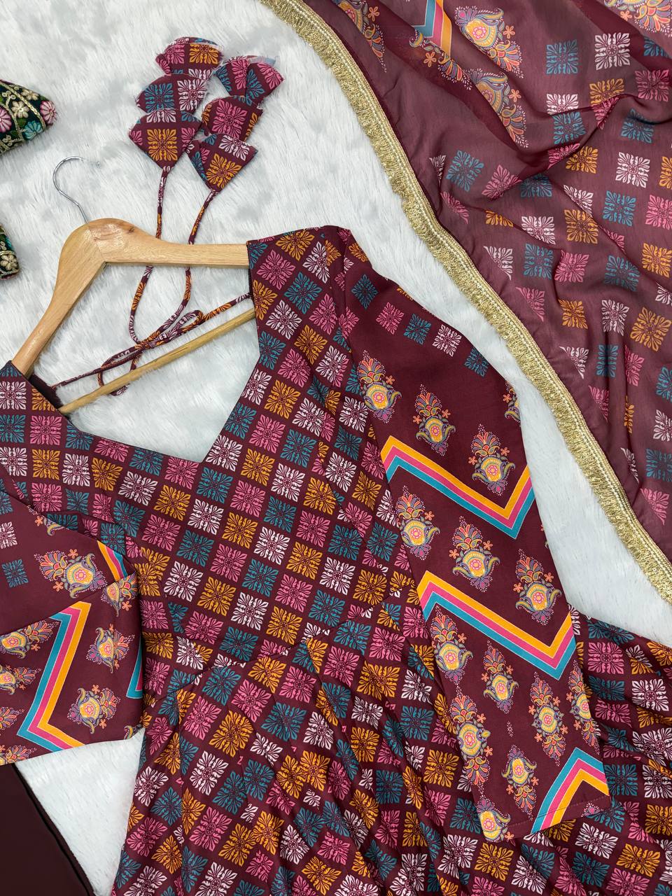 Anvisha Printed Maslin Flared Anarkali with Pant & Tabby Organza Dupatta Set
