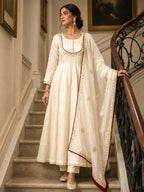 Ishaani Pure Roman Cotton Embroidered Gown with Pant & Kundan Organza Dupatta Set