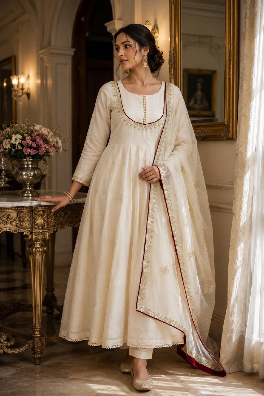 Ishaani Pure Roman Cotton Embroidered Gown with Pant & Kundan Organza Dupatta Set