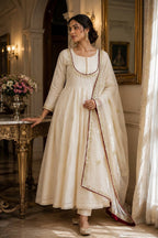Ishaani Pure Roman Cotton Embroidered Gown with Pant & Kundan Organza Dupatta Set