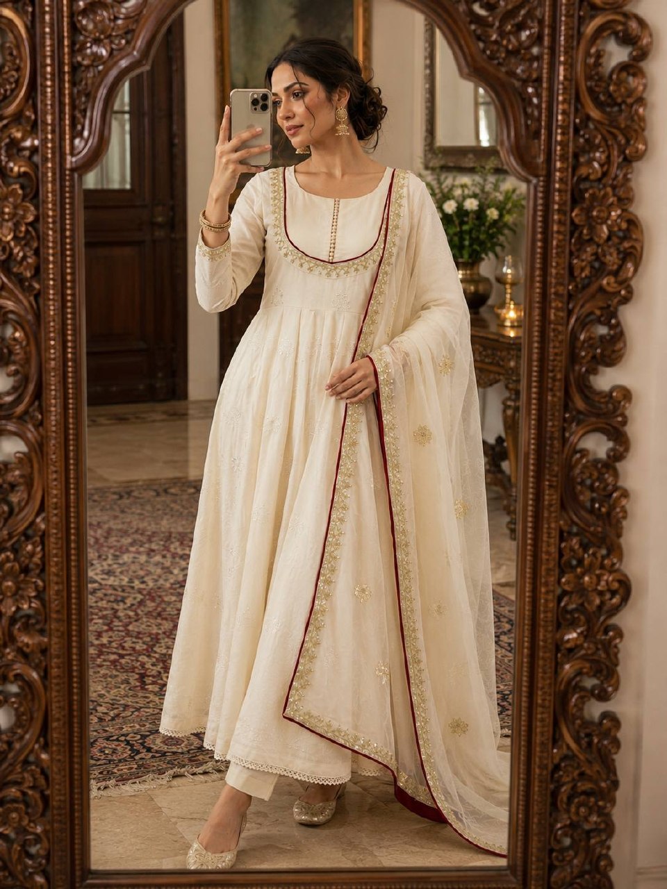 Ishaani Pure Roman Cotton Embroidered Gown with Pant & Kundan Organza Dupatta Set
