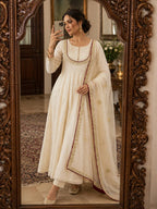 Ishaani Pure Roman Cotton Embroidered Gown with Pant & Kundan Organza Dupatta Set