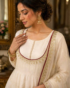 Ishaani Pure Roman Cotton Embroidered Gown with Pant & Kundan Organza Dupatta Set