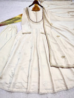 Ishaani Pure Roman Cotton Embroidered Gown with Pant & Kundan Organza Dupatta Set