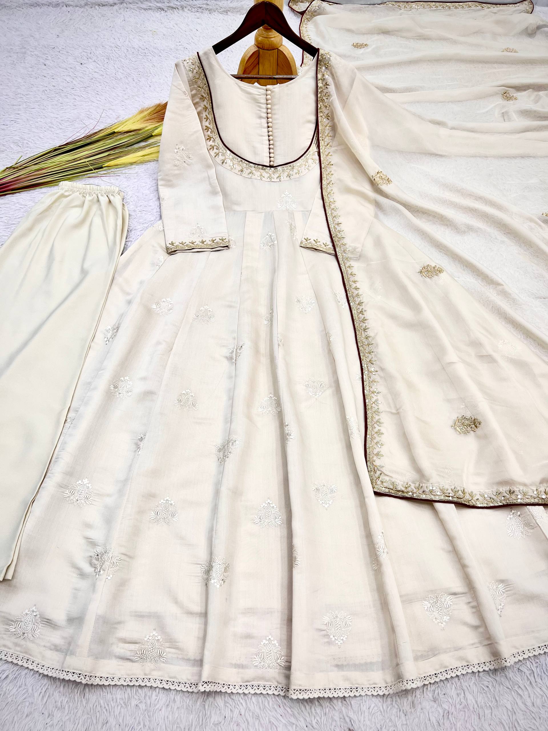 Ishaani Pure Roman Cotton Embroidered Gown with Pant & Kundan Organza Dupatta Set