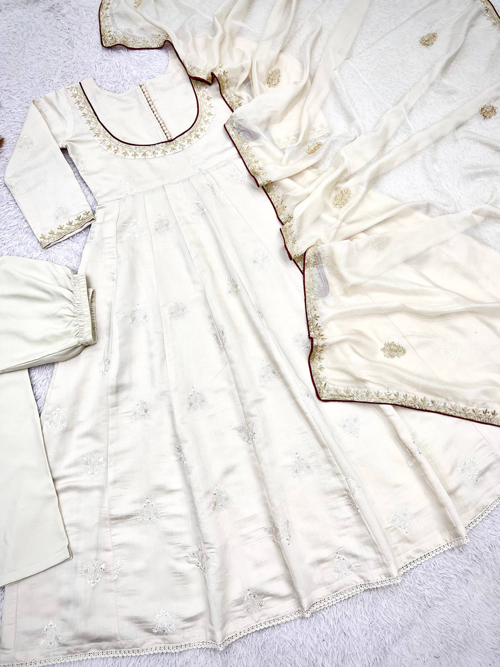 Ishaani Pure Roman Cotton Embroidered Gown with Pant & Kundan Organza Dupatta Set
