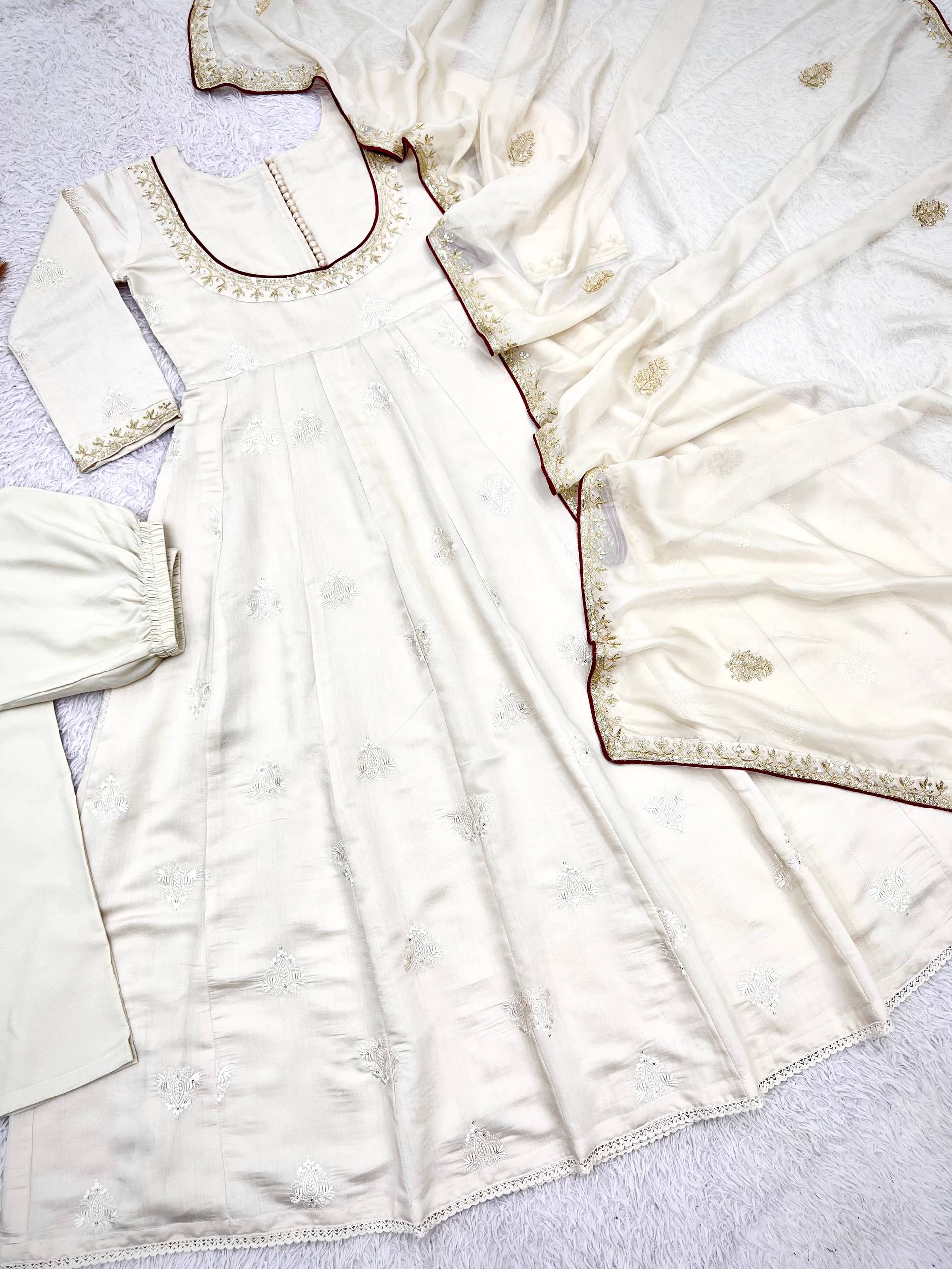 Ishaani Pure Roman Cotton Embroidered Gown with Pant & Kundan Organza Dupatta Set