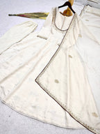 Ishaani Pure Roman Cotton Embroidered Gown with Pant & Kundan Organza Dupatta Set