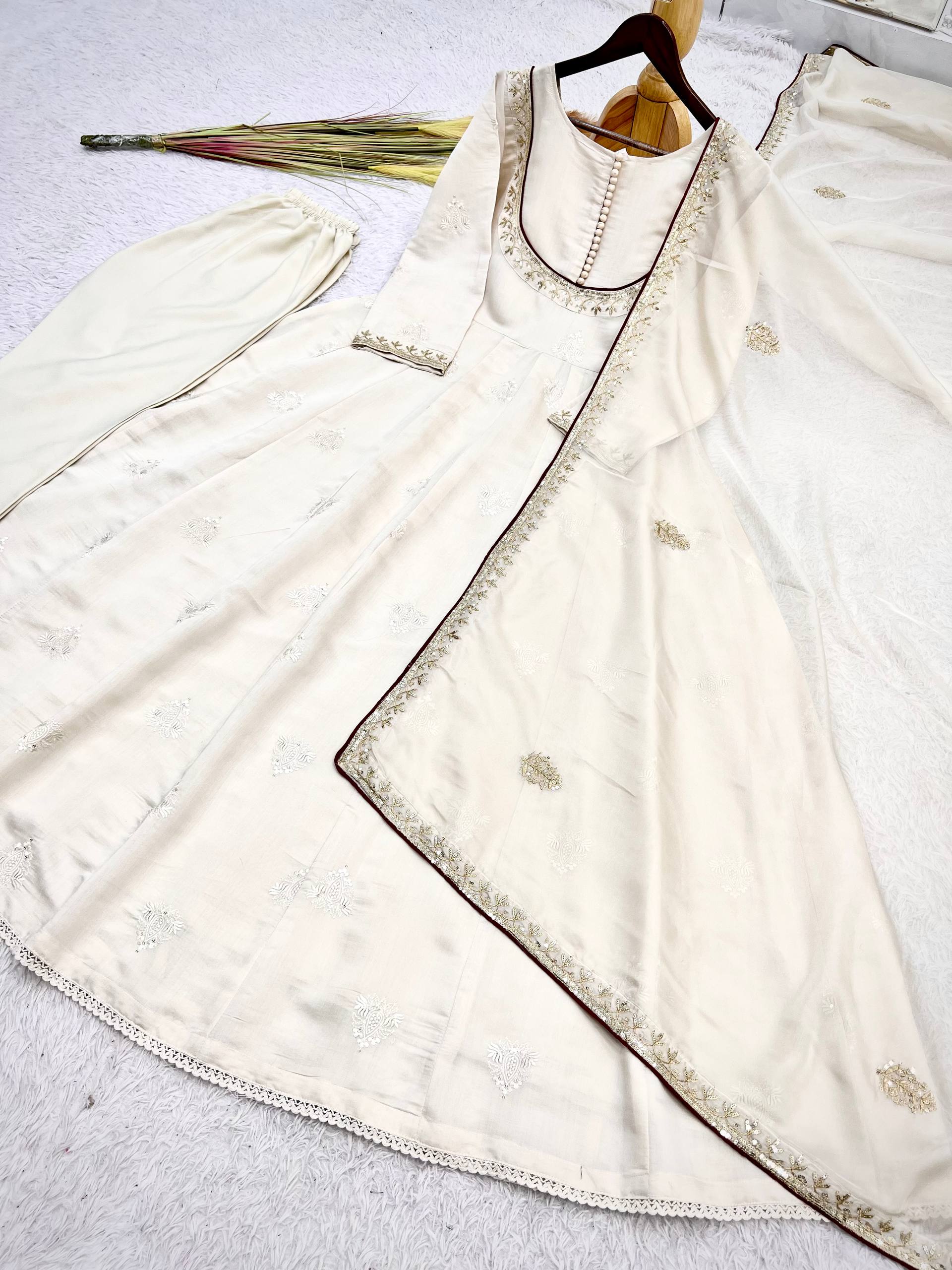 Ishaani Pure Roman Cotton Embroidered Gown with Pant & Kundan Organza Dupatta Set