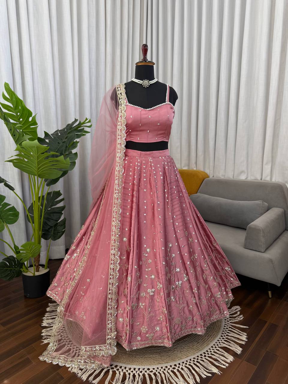 Era Japan Satin Cording Dori & Sequin Work Lehenga Choli with Butterfly Net Dupatta