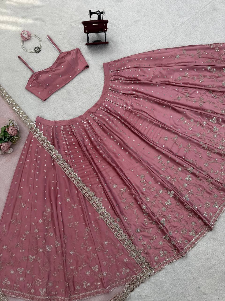 Era Japan Satin Cording Dori & Sequin Work Lehenga Choli with Butterfly Net Dupatta