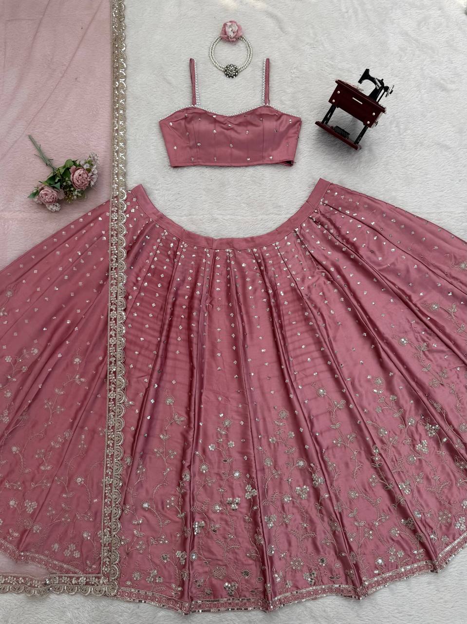 Era Japan Satin Cording Dori & Sequin Work Lehenga Choli with Butterfly Net Dupatta