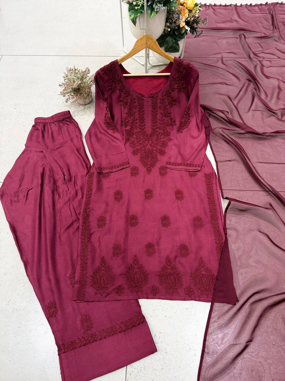Samaira Rayon Farshi Salwar Suit with Embroidered Top and Organza Lace Dupatta