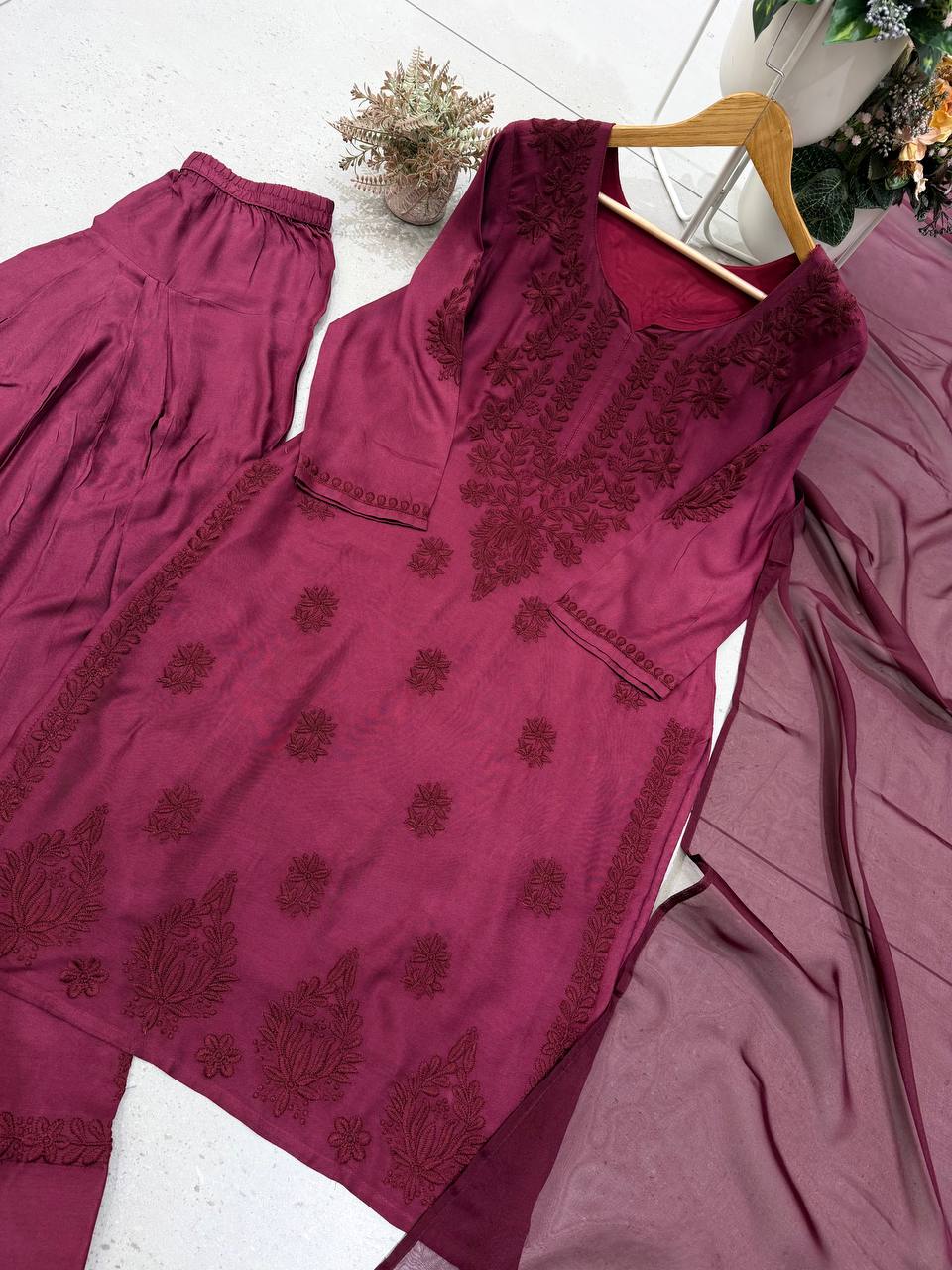 Samaira Rayon Farshi Salwar Suit with Embroidered Top and Organza Lace Dupatta