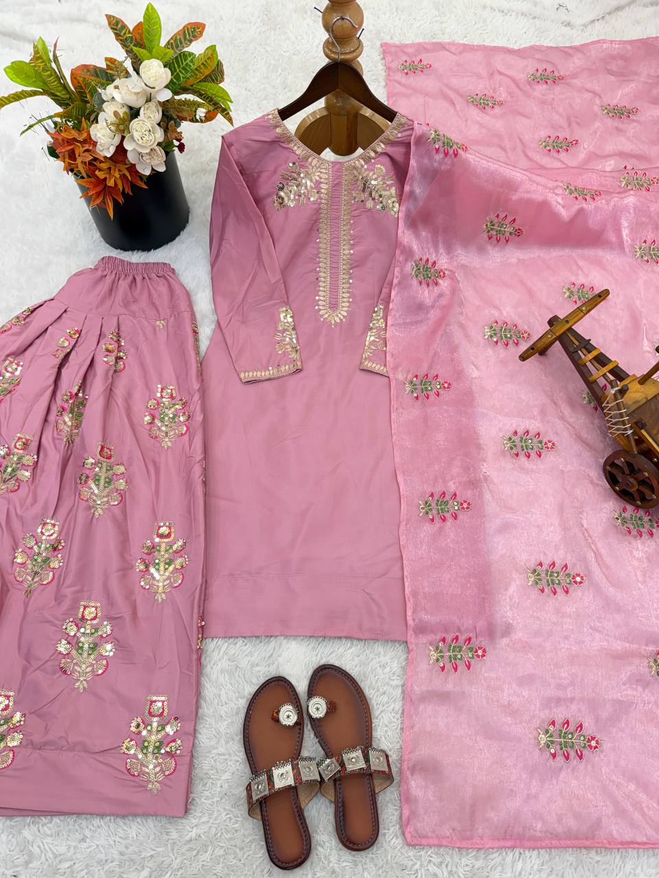 Heavy Crepe Silk Farshi Suit with Multy Thread Sequence Work
