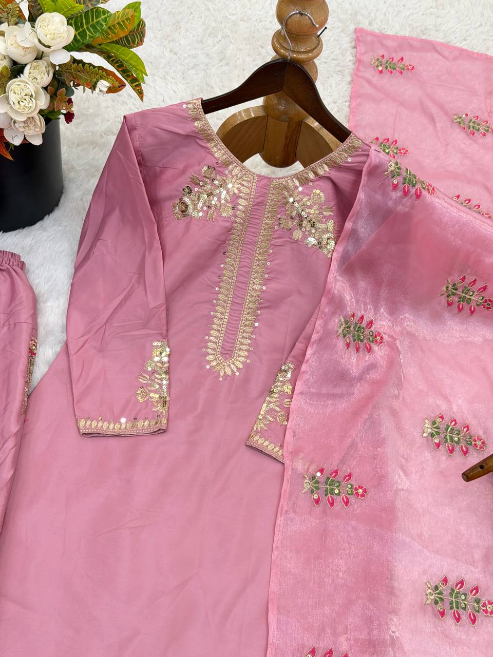 Heavy Crepe Silk Farshi Suit with Multy Thread Sequence Work