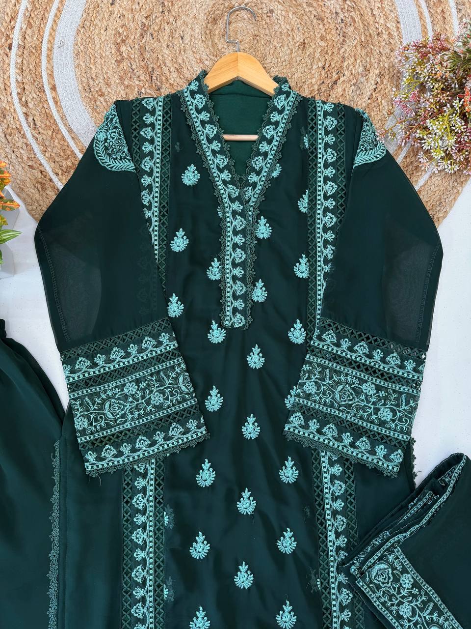 Inaya Georgette Embroidered Palazzo Suit Set with Matching Dupatta