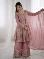 Premium Fendy Silk Embroidered Palazzo Suit with Lace Border Dupatta