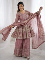 Premium Fendy Silk Embroidered Palazzo Suit with Lace Border Dupatta
