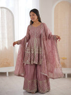 Premium Fendy Silk Embroidered Palazzo Suit with Lace Border Dupatta