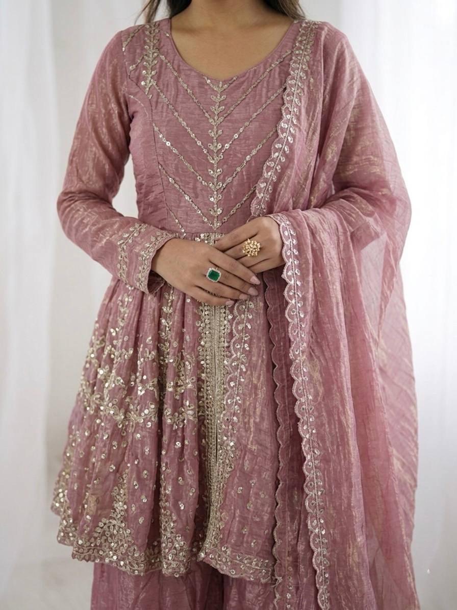 Premium Fendy Silk Embroidered Palazzo Suit with Lace Border Dupatta