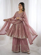 Premium Fendy Silk Embroidered Palazzo Suit with Lace Border Dupatta