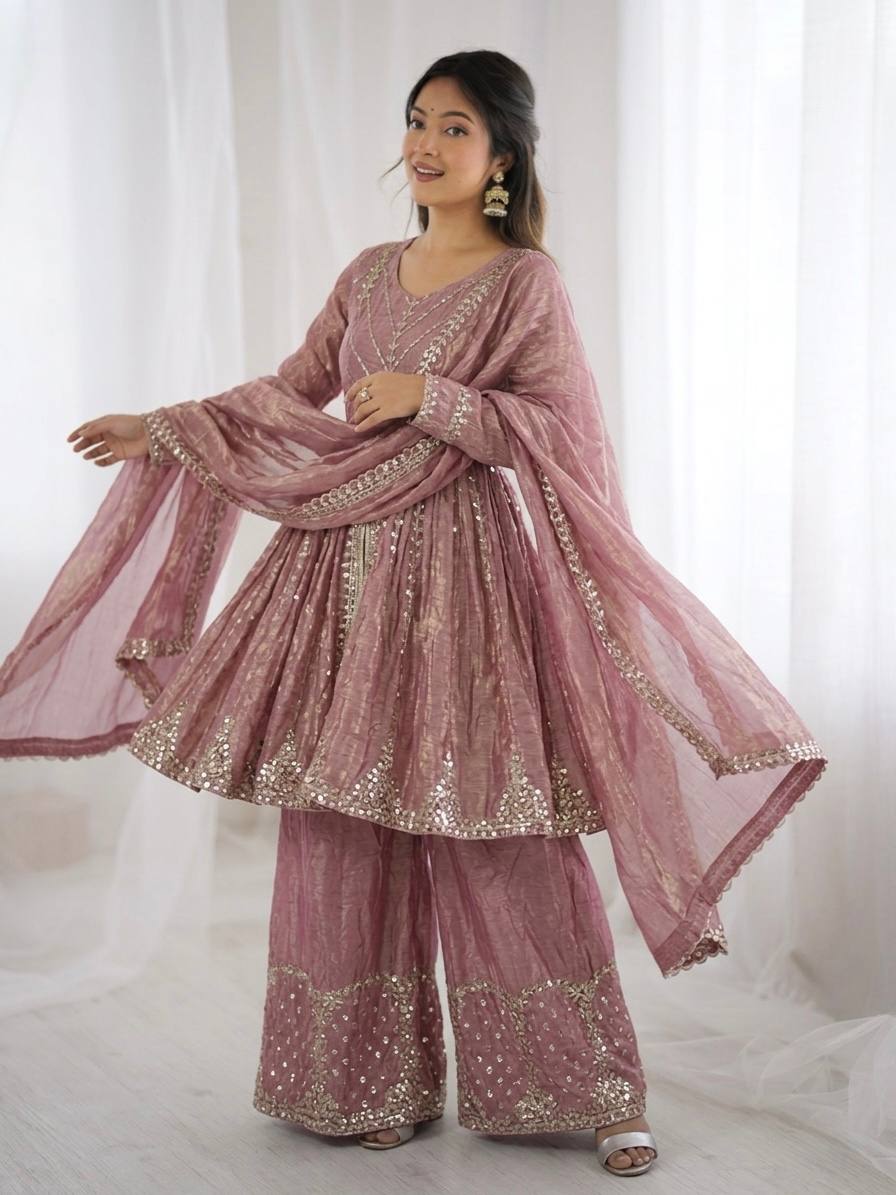 Premium Fendy Silk Embroidered Palazzo Suit with Lace Border Dupatta