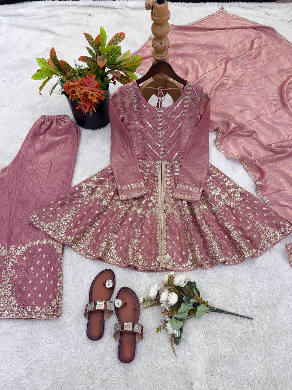 Premium Fendy Silk Embroidered Palazzo Suit with Lace Border Dupatta