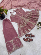 Premium Fendy Silk Embroidered Palazzo Suit with Lace Border Dupatta