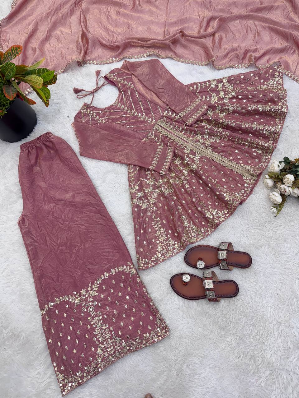 Premium Fendy Silk Embroidered Palazzo Suit with Lace Border Dupatta