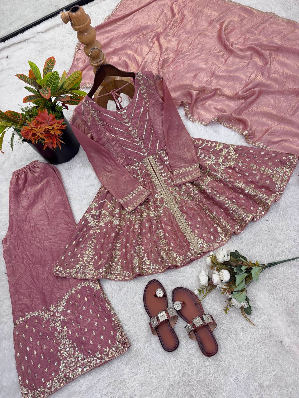 Premium Fendy Silk Embroidered Palazzo Suit with Lace Border Dupatta