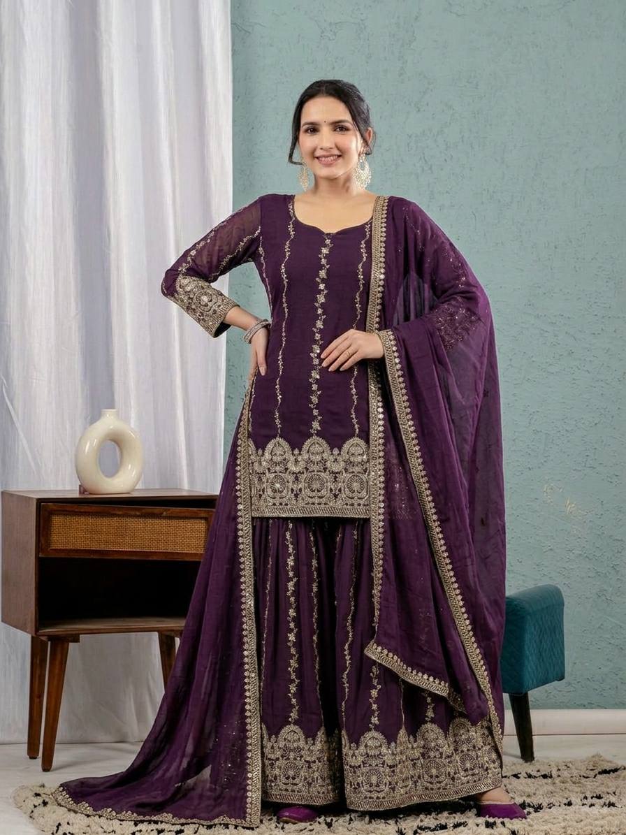 Vaishnavi Elora Heavy Crunchy Silk 3MM Sequence Embroidered Sharara Suit Set with Dupatt