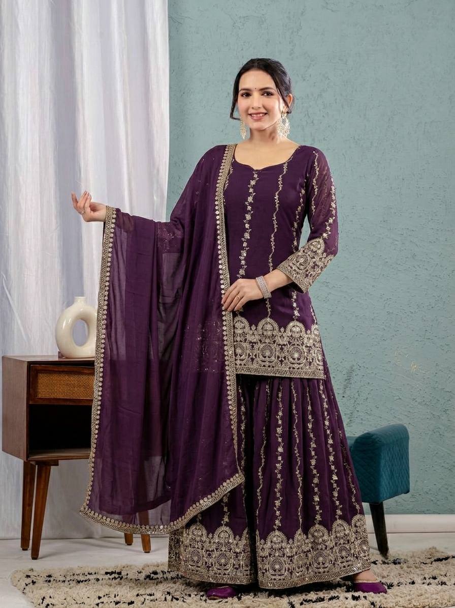 Vaishnavi Elora Heavy Crunchy Silk 3MM Sequence Embroidered Sharara Suit Set with Dupatt