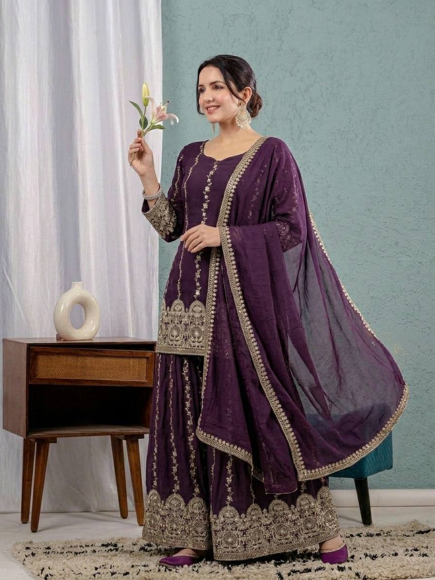 Vaishnavi Elora Heavy Crunchy Silk 3MM Sequence Embroidered Sharara Suit Set with Dupatt