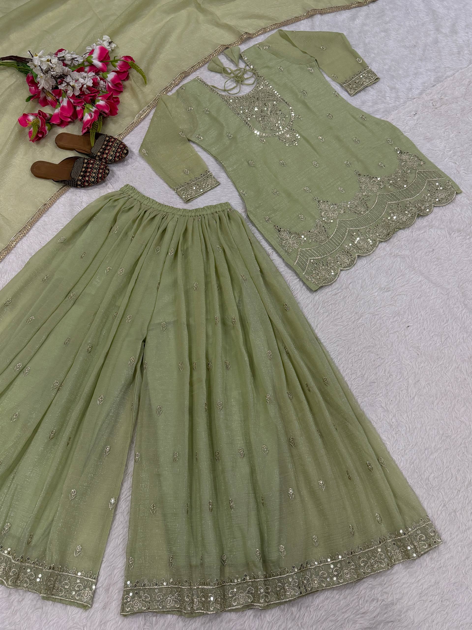Designer Sharara Palazzo Suit with Heavy Silk Embroidery Work