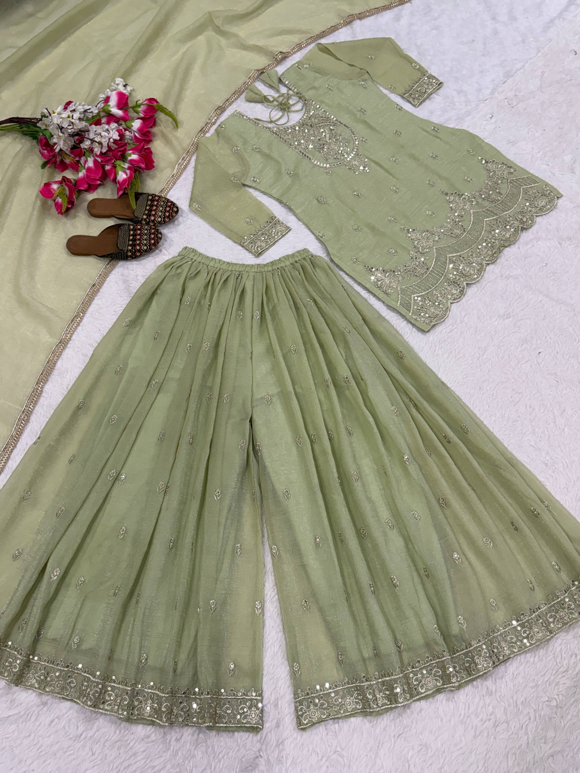 Designer Sharara Palazzo Suit with Heavy Silk Embroidery Work