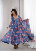 Aarvika Pure Organza Floral Print Kali Cut Gown with Pant & Dupatta