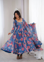 Aarvika Pure Organza Floral Print Kali Cut Gown with Pant & Dupatta