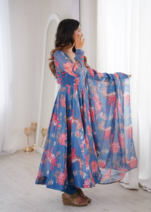 Aarvika Pure Organza Floral Print Kali Cut Gown with Pant & Dupatta
