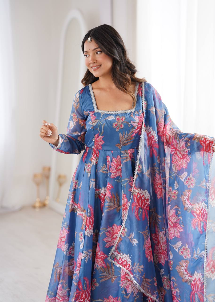 Aarvika Pure Organza Floral Print Kali Cut Gown with Pant & Dupatta