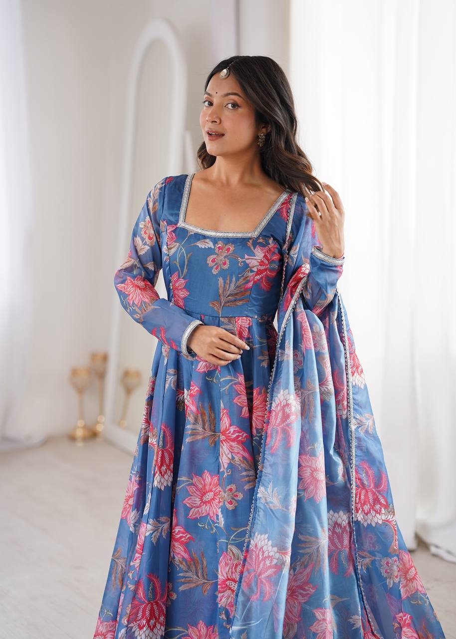 Aarvika Pure Organza Floral Print Kali Cut Gown with Pant & Dupatta