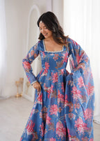 Aarvika Pure Organza Floral Print Kali Cut Gown with Pant & Dupatta