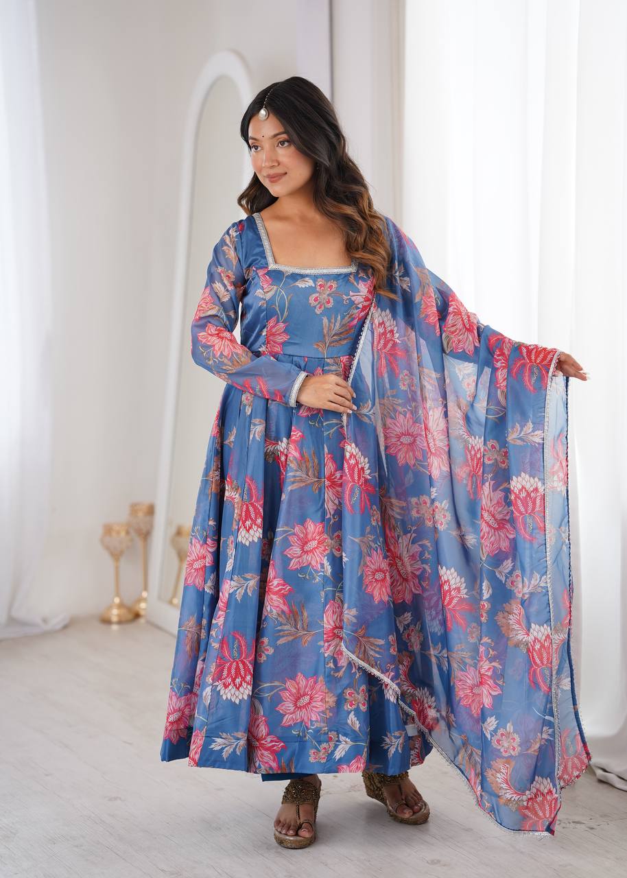 Aarvika Pure Organza Floral Print Kali Cut Gown with Pant & Dupatta