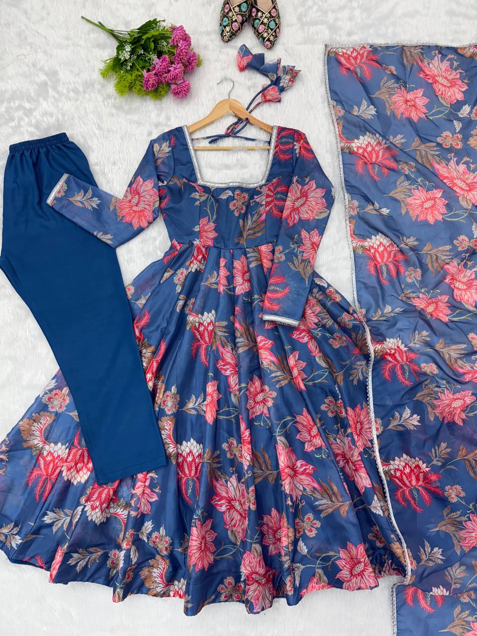 Aarvika Pure Organza Floral Print Kali Cut Gown with Pant & Dupatta