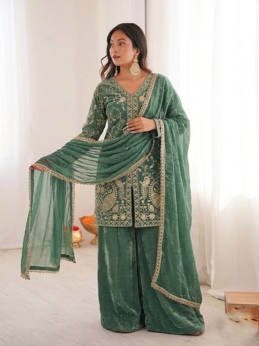 Luxury Fendy Silk Palazzo Set with Readymade Lace Border
